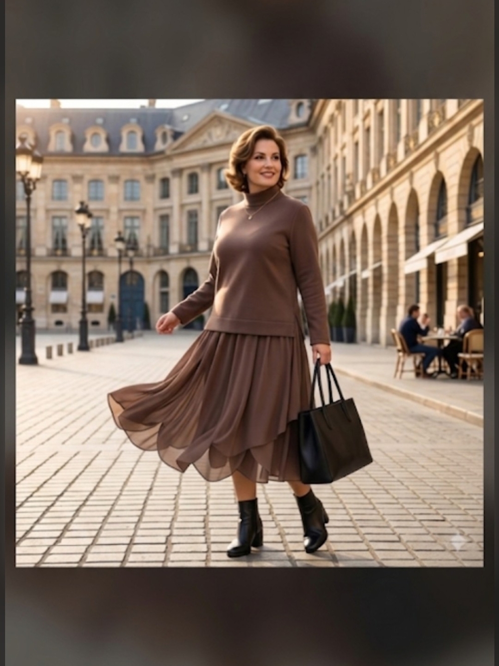 Chic Two-Piece Set: Modern Mock Neck Top & Flowy Layered Skirt Ensemble
